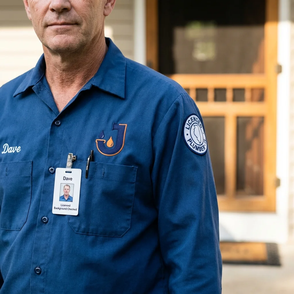 Licensed plumber showing ID badge in Woodstock, VA