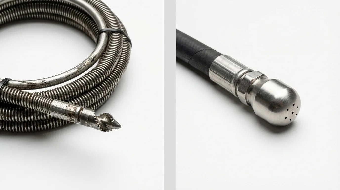 Drain snake cable and hydro jetting nozzle used for drain cleaning in Woodstock, VA