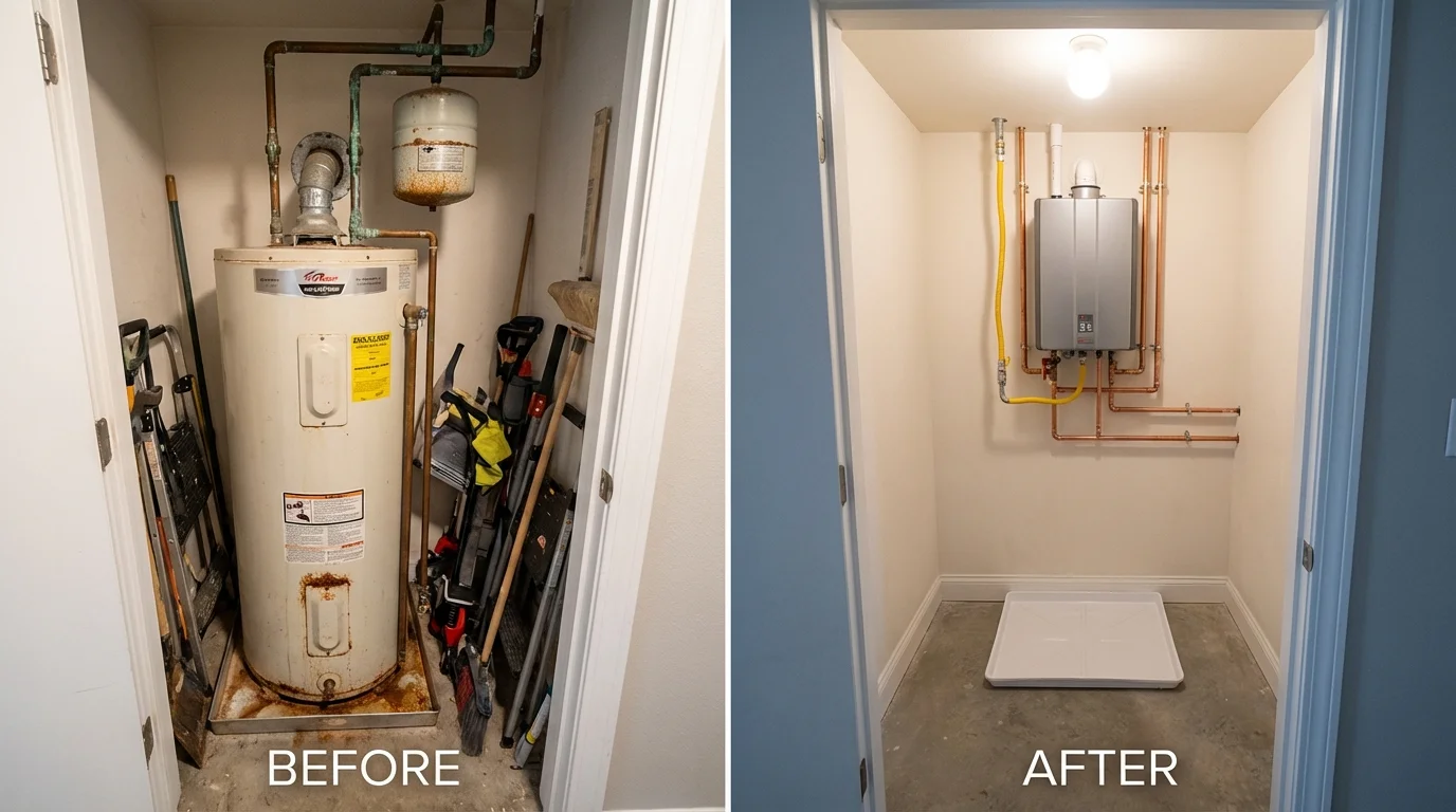 Tank water heater versus wall-mounted tankless unit comparison for Woodstock, VA homeowners