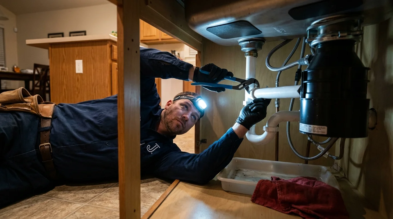 P-trap and supply line connections under a kitchen sink showing a common leak point in Woodstock, VA